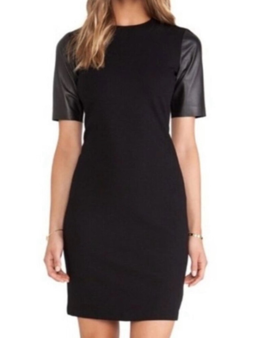 Vince Black knit Mini Dress with Leather Sleeves